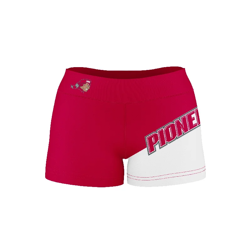 Price Reduction SHU Sacred Heart University Pioneers Game Day Collegiate Leg Color Block Red White Optimum Womens Yoga Shorts by Vive La Fete Price Reduction SHU Sacred Heart University Pioneers Game Day Collegiate Leg Color Block Red White Optimum Womens Yoga Shorts by Vive La Fete
