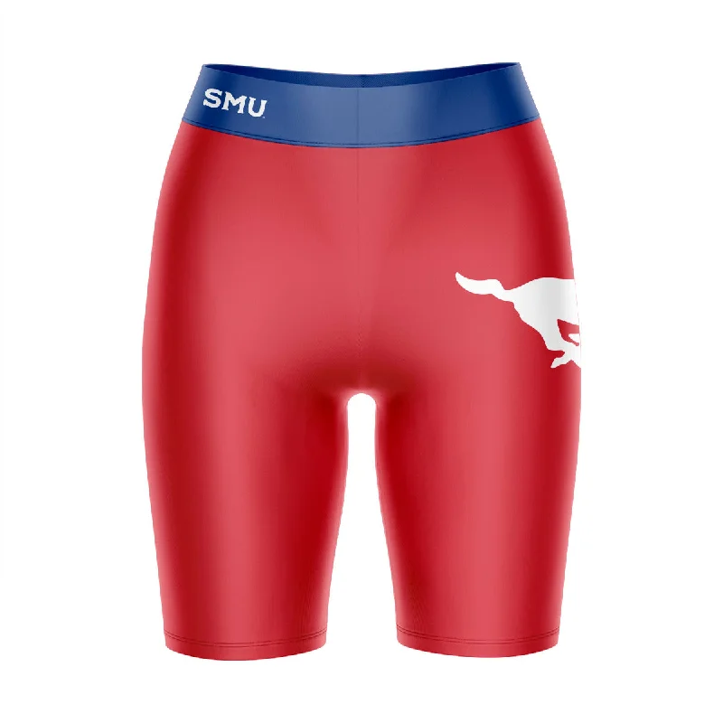 Savings Alert SMU Mustangs Game Day Logo on Thigh and Waistband Red and Blue Womens Bike Shorts by Vive La Fete Savings Alert SMU Mustangs Game Day Logo on Thigh and Waistband Red and Blue Womens Bike Shorts by Vive La Fete