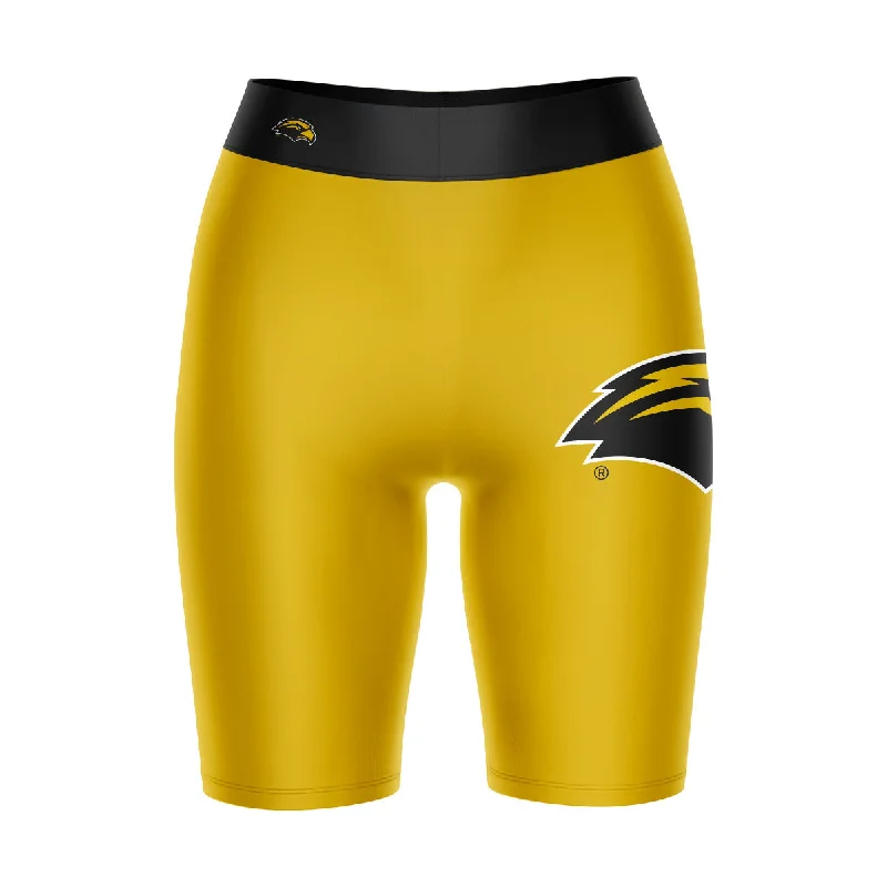 Blowout Sale Southern Miss Golden Eagles Game Day Logo on Thigh and Waistband Gold and Black Womens Bike Shorts by Vive La Fete Blowout Sale Southern Miss Golden Eagles Game Day Logo on Thigh and Waistband Gold and Black Womens Bike Shorts by Vive La Fete