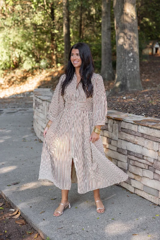 Clearance Items Striped Visions Brown Midi Dress