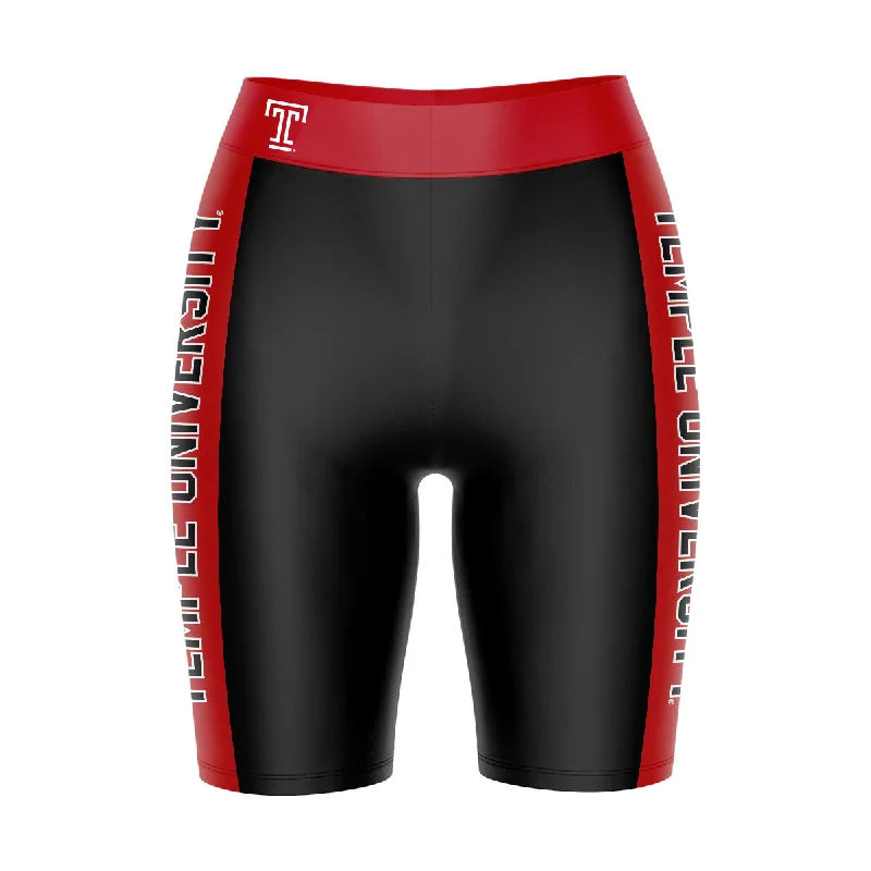 Daily Specials Temple University Owls TU Game Day Logo on Waistband and Red Stripes Black Womens Bike Shorts by Vive La Fete