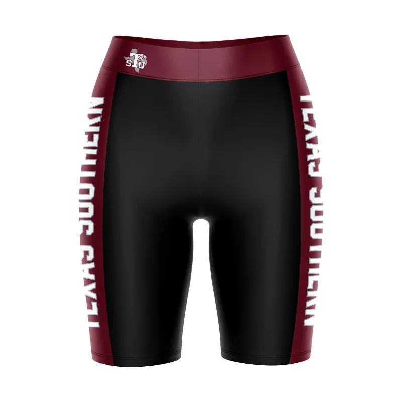 Texas Southern University Tigers Game Day Logo on Waistband and Maroon Stripes Black Womens Bike Shorts by Vive La Fete