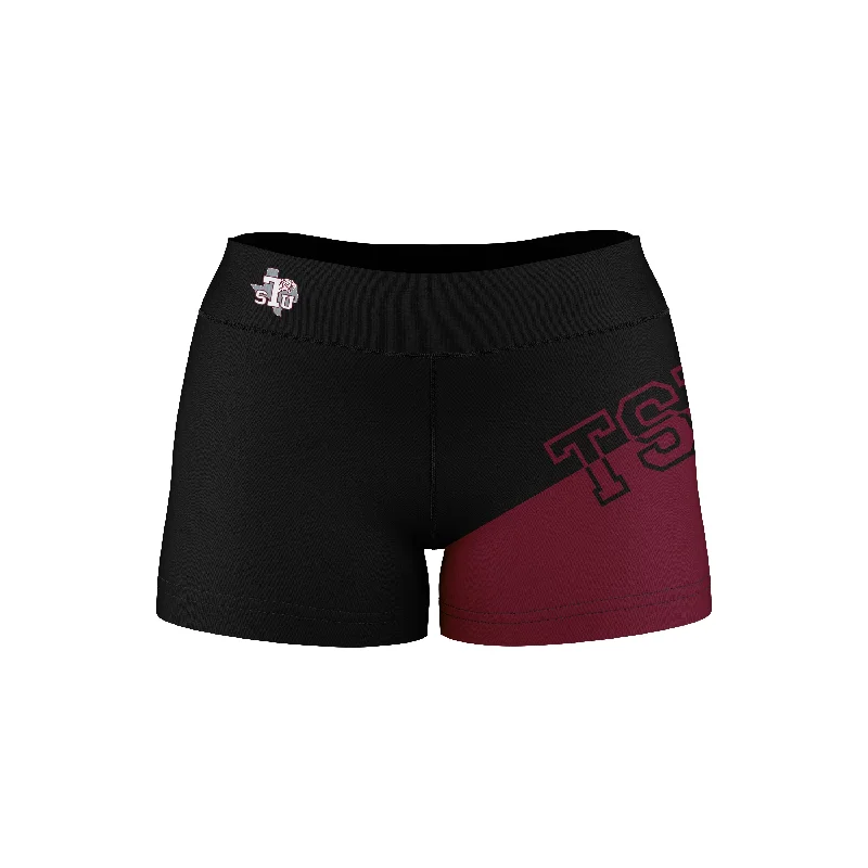 New Markdowns Texas Southern University Tigers Game Day Collegiate Leg Color Block Black Maroon Optimum Womens Yoga Shorts by Vive La Fete