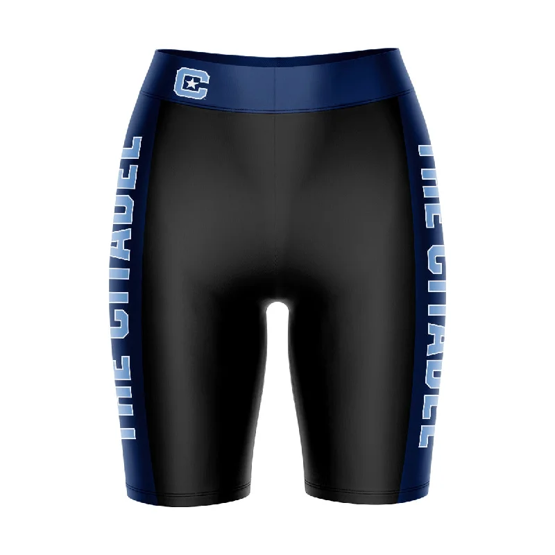 Act Fast The Citadel Bulldogs Game Day Logo on Waistband and Blue Stripes Black Womens Bike Shorts by Vive La Fete Act Fast The Citadel Bulldogs Game Day Logo on Waistband and Blue Stripes Black Womens Bike Shorts by Vive La Fete