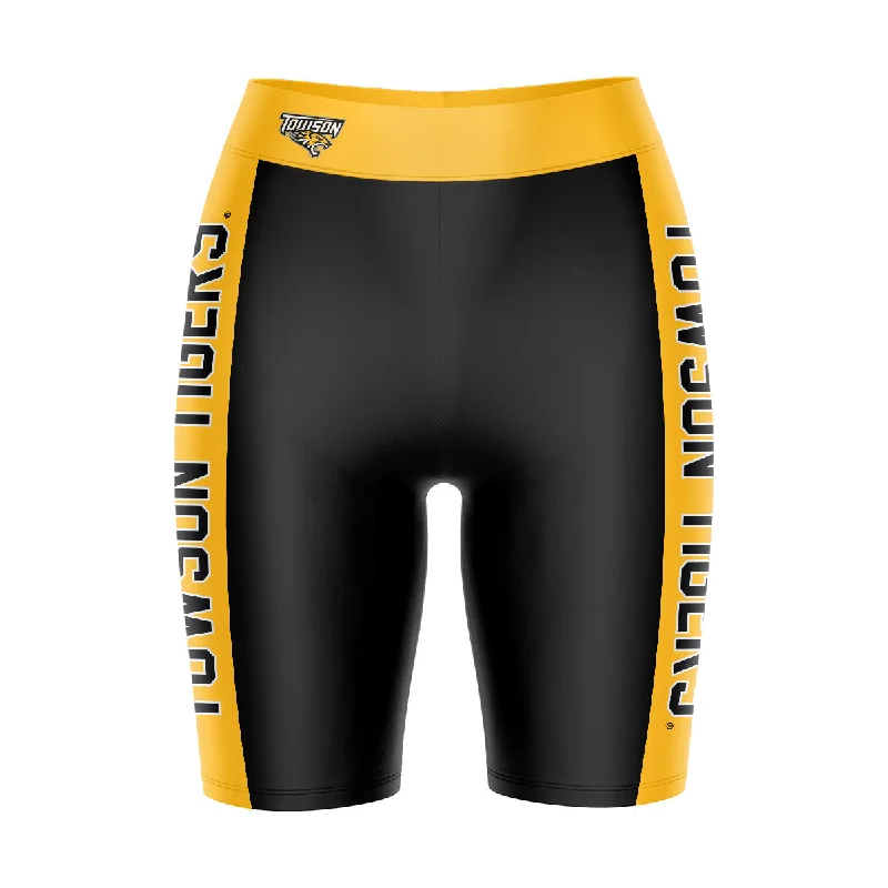 Discount Mania Towson University Tigers Game Day Logo on Waistband and Gold Stripes Black Womens Bike Shorts by Vive La Fete Discount Mania Towson University Tigers Game Day Logo on Waistband and Gold Stripes Black Womens Bike Shorts by Vive La Fete