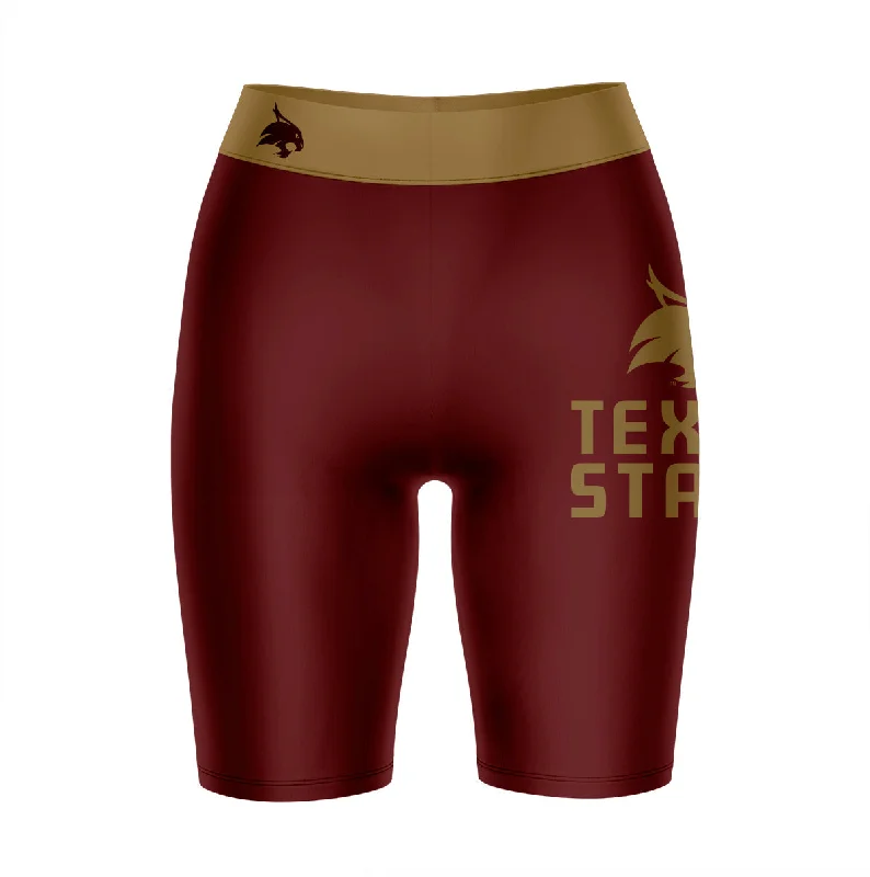 Savings Event TXST Texas State Bobcats Game Day Logo on Thigh and Waistband Maroon and Gold Womens Bike Shorts by Vive La Fete Savings Event TXST Texas State Bobcats Game Day Logo on Thigh and Waistband Maroon and Gold Womens Bike Shorts by Vive La Fete