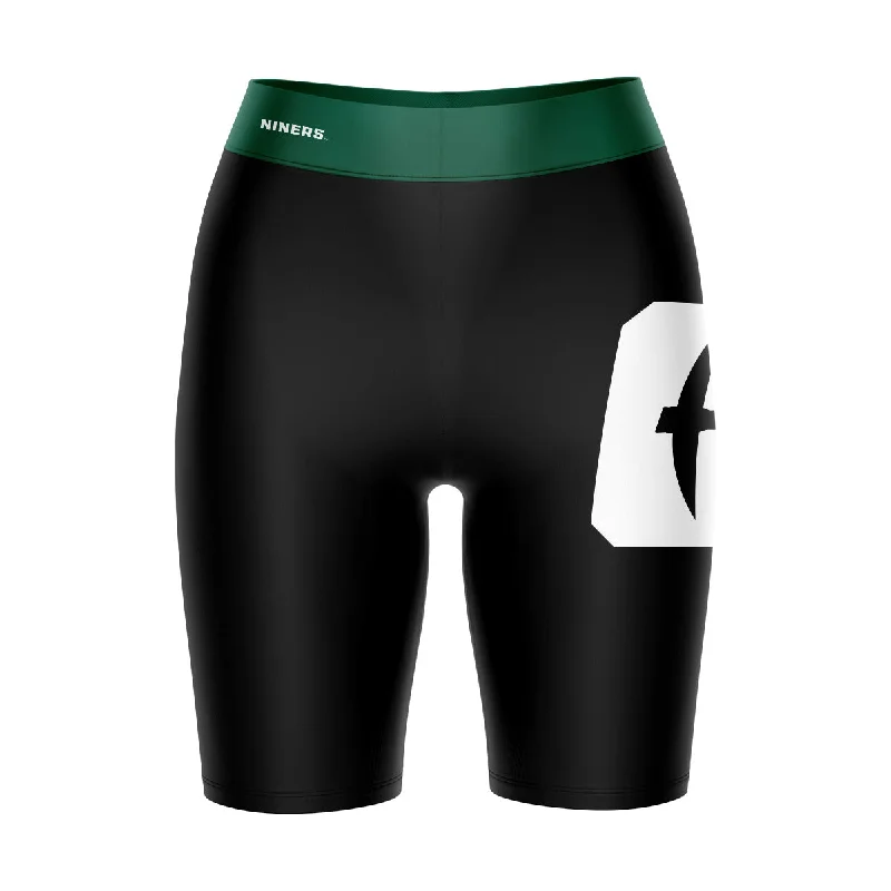 Now or Never UNC Charlotte 49ers Game Day Logo on Thigh and Waistband Black and Green Womens Bike Shorts by Vive La Fete