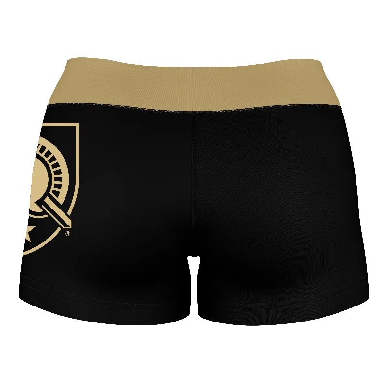 Savings Bonanza US Military ARMY Black Knights Logo on Thigh & Waistband Black & Gold Womens Yoga Booty Workout Shorts by Vive La Fete Savings Bonanza US Military ARMY Black Knights Logo on Thigh & Waistband Black & Gold Womens Yoga Booty Workout Shorts by Vive La Fete
