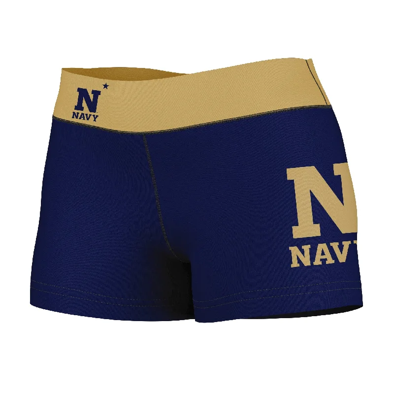 Daily Deals US Naval Academy Midshipmen Logo on Thigh & Waistband Navy Gold Womens Yoga Booty Workout Shorts by Vive La Fete Daily Deals US Naval Academy Midshipmen Logo on Thigh & Waistband Navy Gold Womens Yoga Booty Workout Shorts by Vive La Fete