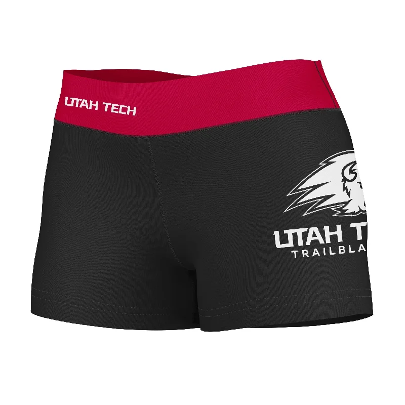 Stock Up and Save Utah Tech Trailblazers Logo on Thigh & Waistband Black & Red Womens Yoga Booty Workout Shorts by Vive La Fete Stock Up and Save Utah Tech Trailblazers Logo on Thigh & Waistband Black & Red Womens Yoga Booty Workout Shorts by Vive La Fete