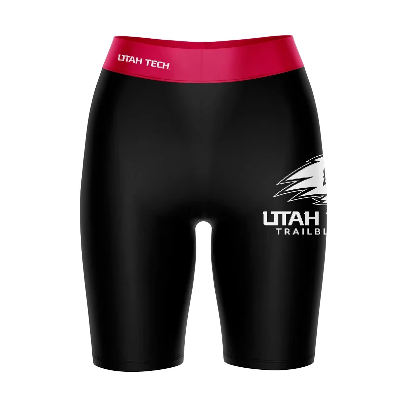 Price Drop Utah Tech Trailblazers Game Day Logo on Thigh and Waistband Black and Red Womens Bike Shorts by Vive La Fete Price Drop Utah Tech Trailblazers Game Day Logo on Thigh and Waistband Black and Red Womens Bike Shorts by Vive La Fete