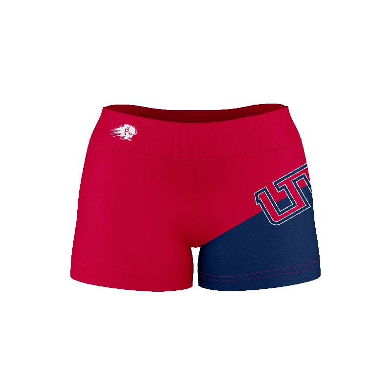 Today Only Utah Tech University Trailblazers Game Day Collegiate Leg Color Block Red Blue Optimum Womens Yoga Shorts by Vive La Fete