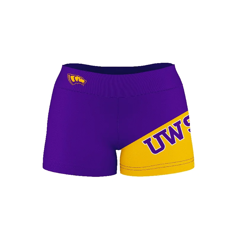 Act Fast UW-Stevens Point Pointers Game Day Collegiate Leg Color Block Purple Gold Optimum Womens Yoga Shorts by Vive La Fete Act Fast UW-Stevens Point Pointers Game Day Collegiate Leg Color Block Purple Gold Optimum Womens Yoga Shorts by Vive La Fete
