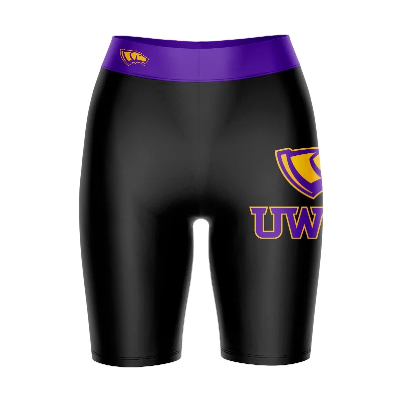 Exclusive Access UW-Stevens Point Pointers UWSP Logo on Thigh and Waistband Black and Purple Womens Bike Shorts by Vive La Fete Exclusive Access UW-Stevens Point Pointers UWSP Logo on Thigh and Waistband Black and Purple Womens Bike Shorts by Vive La Fete
