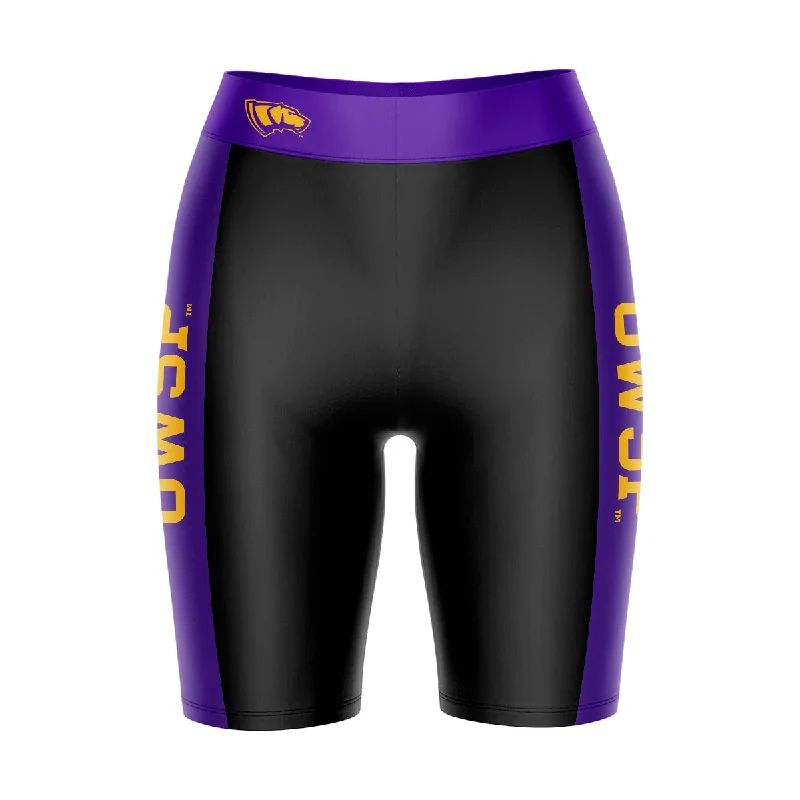 Flash Sale UW-Stevens Point Pointers Game Day Logo on Waistband and Purple Stripes Black Womens Bike Shorts by Vive La Fete Flash Sale UW-Stevens Point Pointers Game Day Logo on Waistband and Purple Stripes Black Womens Bike Shorts by Vive La Fete