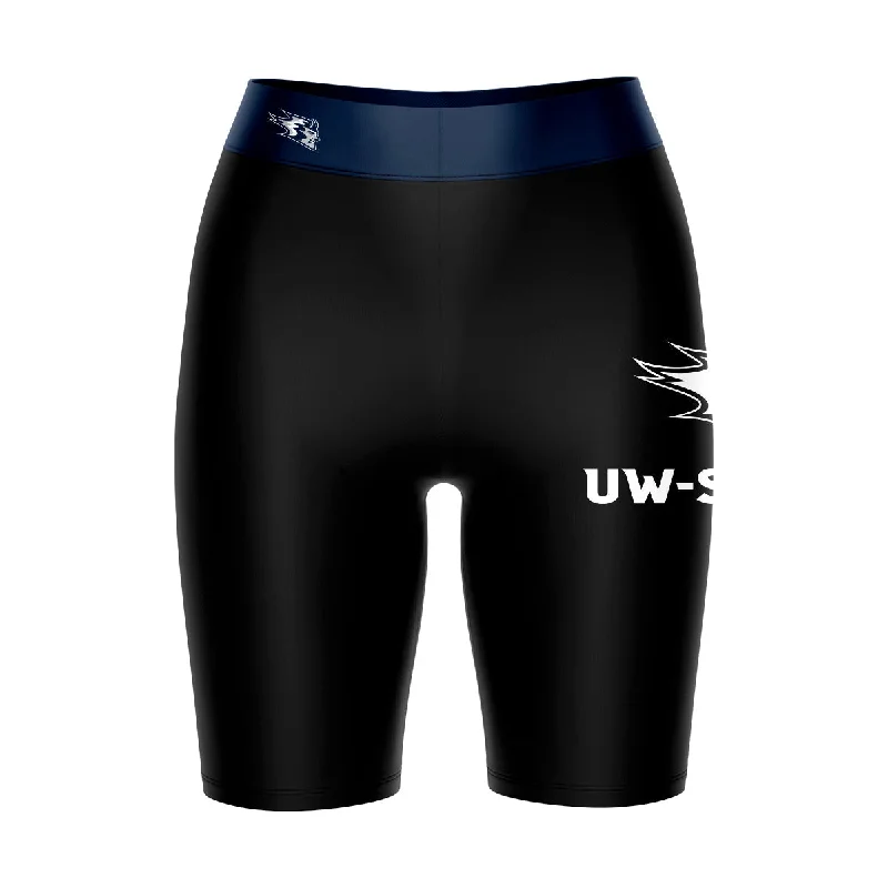 Instant Savings UW Wisconsin Stout Blue Devils Game Day Logo on Thigh and Waistband Black & Navy Womens Bike Shorts by Vive La Fete Instant Savings UW Wisconsin Stout Blue Devils Game Day Logo on Thigh and Waistband Black & Navy Womens Bike Shorts by Vive La Fete
