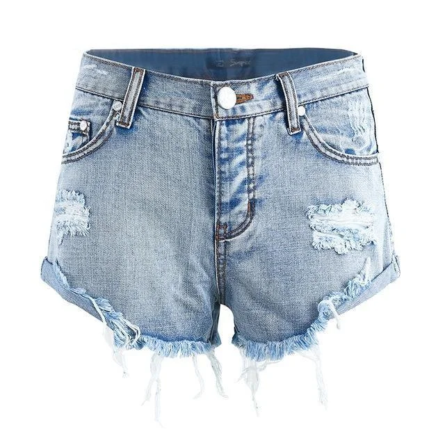 Vintage Ripped Hole Fringe Blue Denim Shorts