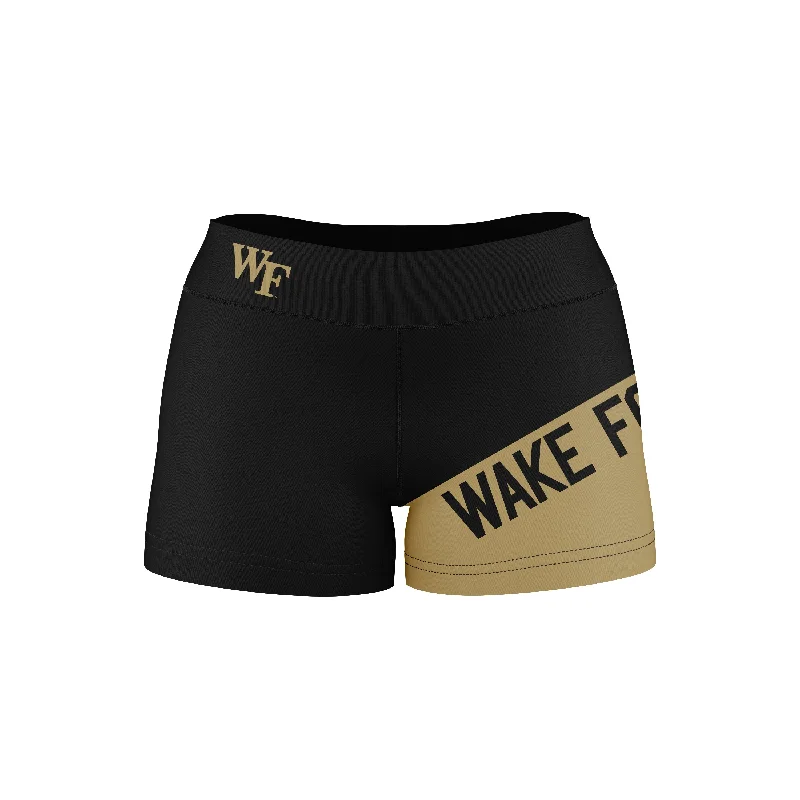 Closeout Wake Forest Demon Deacons WF Game Day Collegiate Leg Color Block Black Gold Optimum Womens Yoga Shorts by Vive La Fete Closeout Wake Forest Demon Deacons WF Game Day Collegiate Leg Color Block Black Gold Optimum Womens Yoga Shorts by Vive La Fete