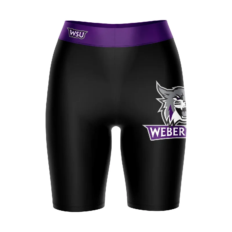 Midnight Sale Weber State Wildcats WSU Game Day Logo on Thigh and Waistband Black and Purple Womens Bike Shorts by Vive La Fete