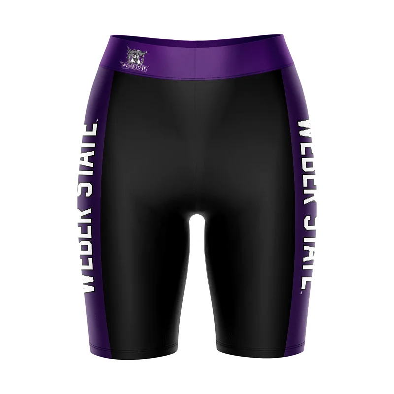 Year-End Clearance Weber State Wildcats WSU Game Day Logo on Waistband and Purple Stripes Black Womens Bike Shorts by Vive La Fete Year-End Clearance Weber State Wildcats WSU Game Day Logo on Waistband and Purple Stripes Black Womens Bike Shorts by Vive La Fete