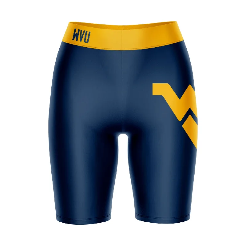 Limited Quantity West Virginia Mountaineers Game Day Logo on Thigh and Waistband Blue and Gold Womens Bike Shorts by Vive La Fete Limited Quantity West Virginia Mountaineers Game Day Logo on Thigh and Waistband Blue and Gold Womens Bike Shorts by Vive La Fete