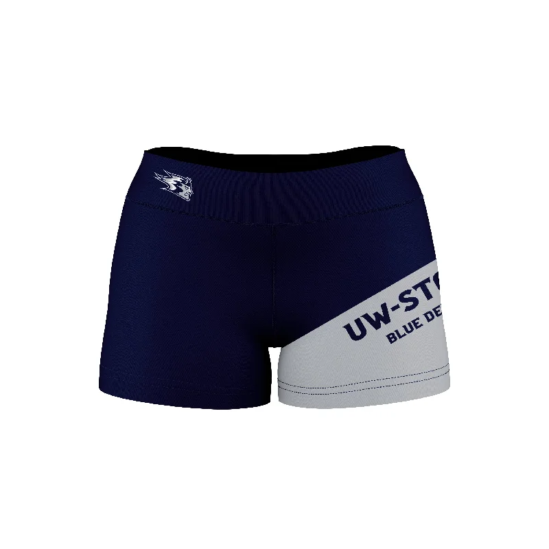 Fantastic Offers Wisconsin Stout Blue Devils UW Game Day Collegiate Leg Color Block Navy Gray Optimum Womens Yoga Shorts by Vive La Fete Fantastic Offers Wisconsin Stout Blue Devils UW Game Day Collegiate Leg Color Block Navy Gray Optimum Womens Yoga Shorts by Vive La Fete
