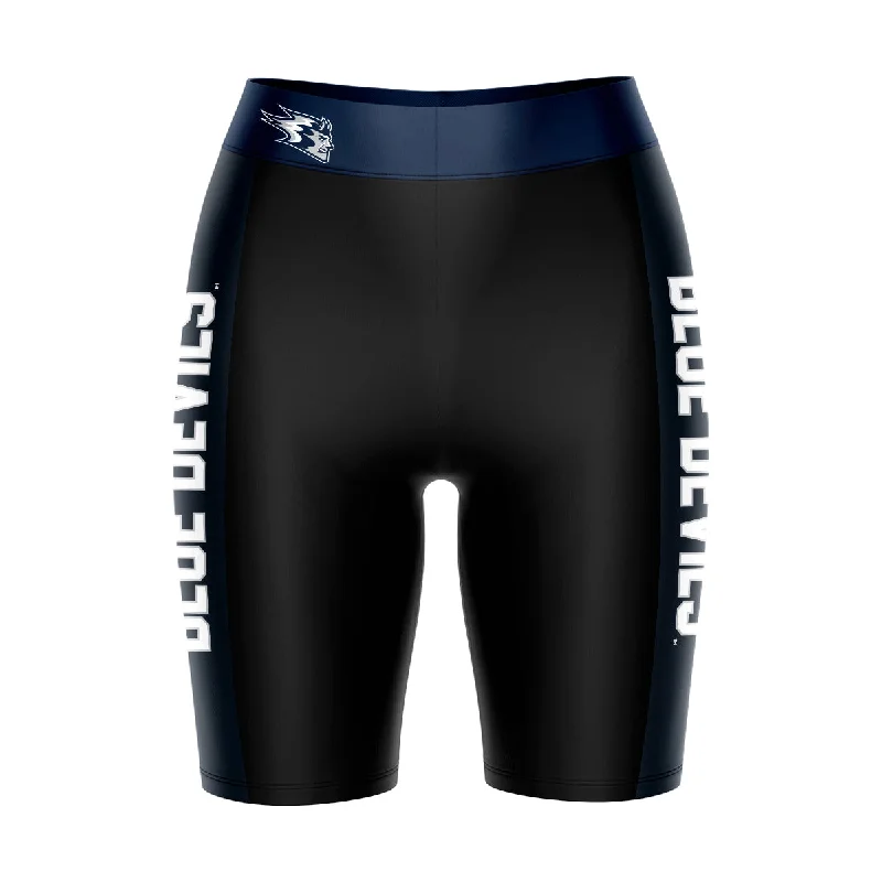 While Supplies Last Wisconsing Stout Blue Devils Game Day Logo on Waistband and Navy Stripes Black Womens Bike Shorts by Vive La Fete While Supplies Last Wisconsing Stout Blue Devils Game Day Logo on Waistband and Navy Stripes Black Womens Bike Shorts by Vive La Fete
