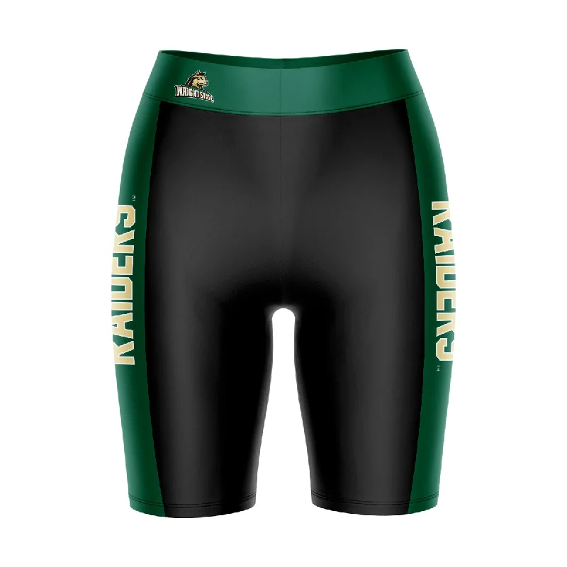 Exclusive Deal Wright State Raiders Game Day Logo on Waistband and Green Stripes Black Womens Bike Shorts by Vive La Fete Exclusive Deal Wright State Raiders Game Day Logo on Waistband and Green Stripes Black Womens Bike Shorts by Vive La Fete