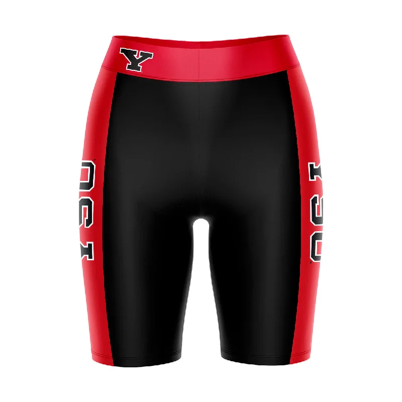 Limited Stock Youngstown State Penguins Game Day Logo on Waistband and Red Stripes Black Womens Bike Shorts by Vive La Fete Limited Stock Youngstown State Penguins Game Day Logo on Waistband and Red Stripes Black Womens Bike Shorts by Vive La Fete
